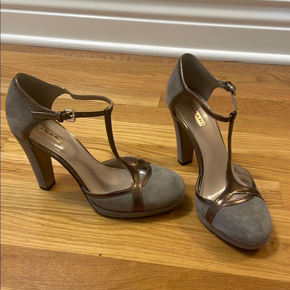 Tahari Gray and Bronze T-Strap Heels